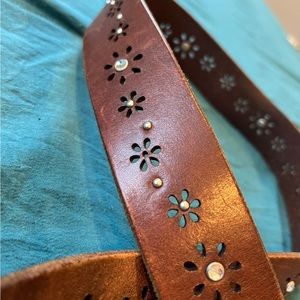 Brown Leather Belt with Floral Print